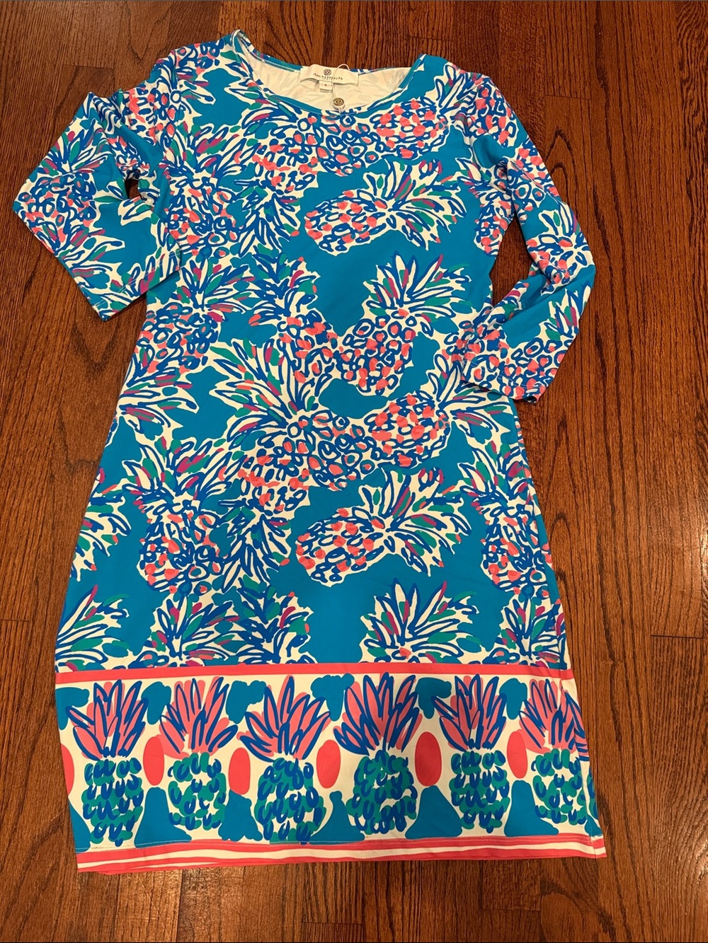 Jean Pierre Blue Pineapple Print Shift Dress 3/4 sleeve